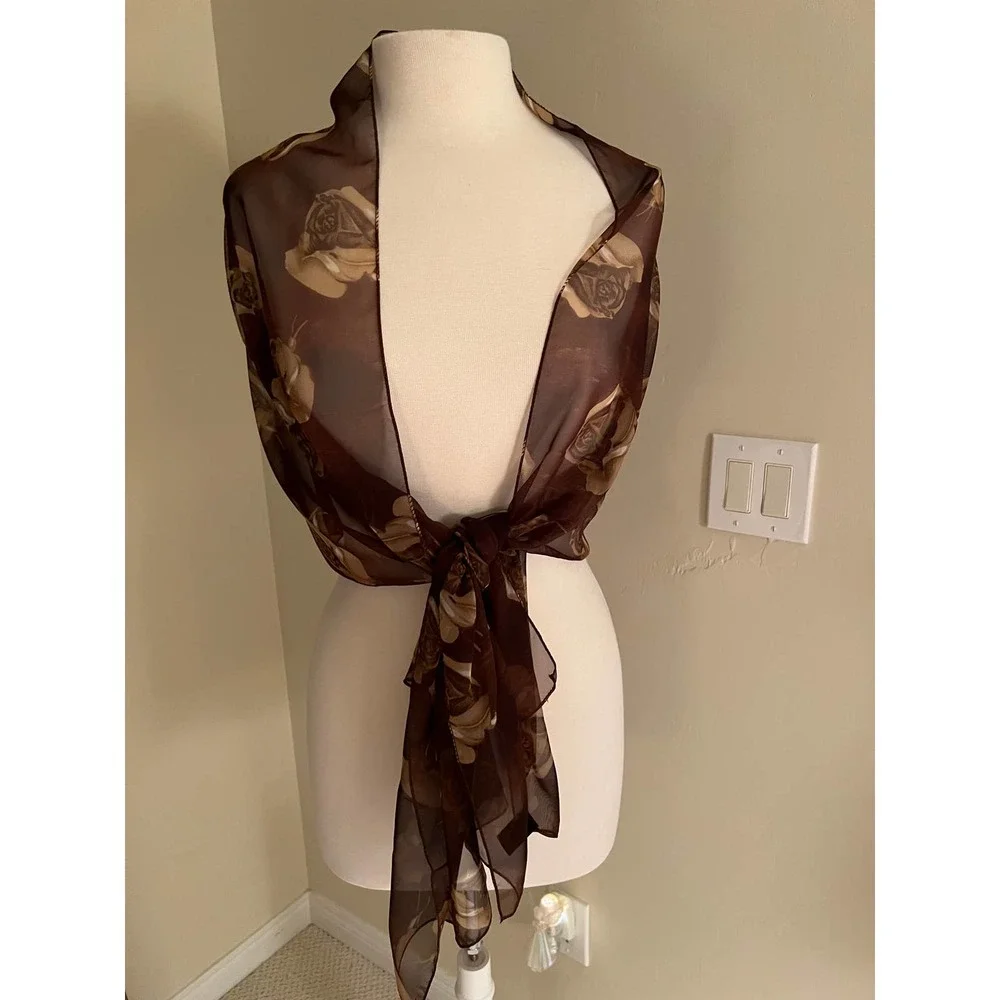 Vintage Sheer Brown Rose Scarf Long Floral Oblong Made in Korea